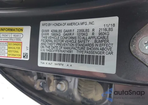 2019 Honda Accord Ex-L from USA, damaged, VIN 1HGCV1F57KA014581